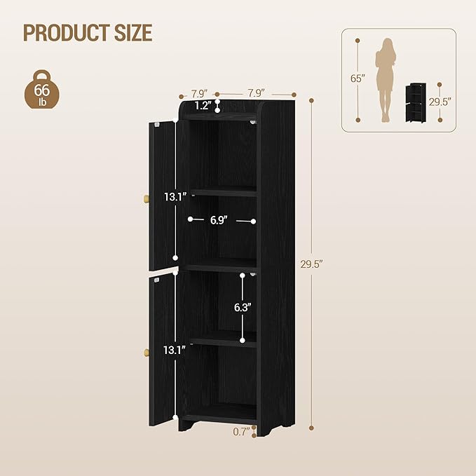 Bathroom Storage Cabinet, Small Corner Floor Cabinet with 2 Doors and Adjustable Shelf, Narrow Toilet Paper Cabinets, Bathroom Organizer for Small Spaces, 7.9"D x 7.9"W x 29.5"H Rattan Black