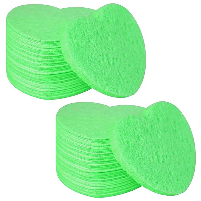 100-Count Compressed Facial Sponges for Estheticians Heart Shape Natural Cellulose Sponge Professional Cosmetic Spa Sponges for Face Cleansing, Massage, Pore Exfoliating, Mask, Makeup Removal, Green