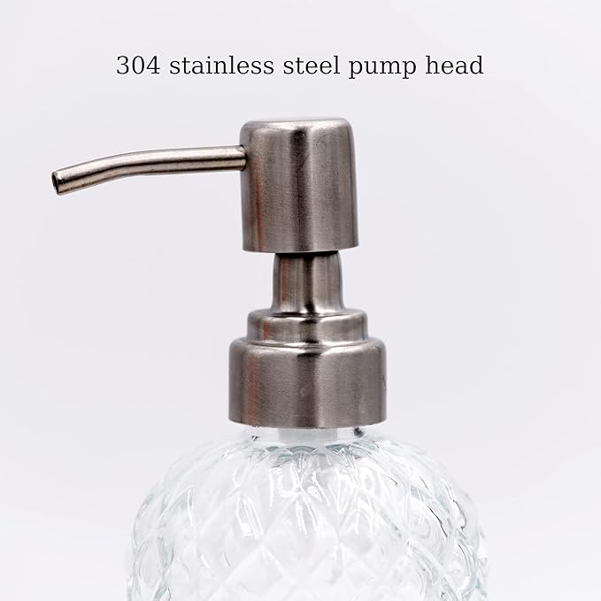 16 oz Diamond Pattern Glass Soap Dispenser, Kitchen and Bathroom Refillable Soap Dispenser with Rust Resistant Stainless Steel Pump for Hand Soap, Lotion Glass Liquid Dispenser(Clear-2pack)