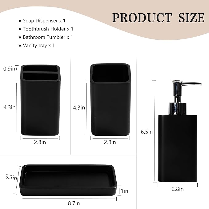 Bathroom Accessories Set, 4 Pcs Bathroom Accessory Set, Soap Dispenser, Toothbrush Holder, Qtip Holder Set, Bathroom Sets Complete, Bathroom Sink Set for Modern Home Decor, Black