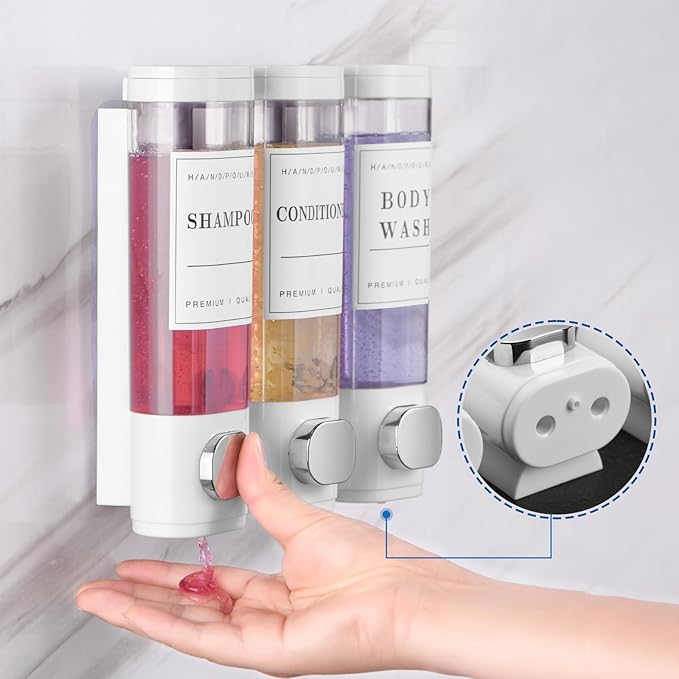 Shower Soap Dispenser Wall Mounted No Drill Shampoo Dispenser for Shower Wall Shampoo and Conditioner Dispenser Bathroom Hote 3 * 300ml White with 3 Labels