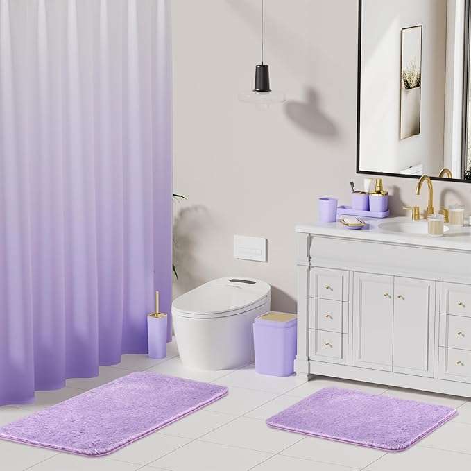 Bathroom Set - Purple Bathroom Sets with Shower Curtain and Rugs, 24PCS Shower Curtain Set with Hooks, Soap Dispenser, Soap Dish, Toilet Brush Holder and Trash Can for Housewarming