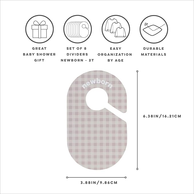 3 Sprouts Baby Closet Dividers Set of 8 - Clothes Organizer Toddler Hanger, Double-Sided Size Labels - Nursery Organization for Newborn Clothing, Infant to 2T Boy & Girl - Gingham