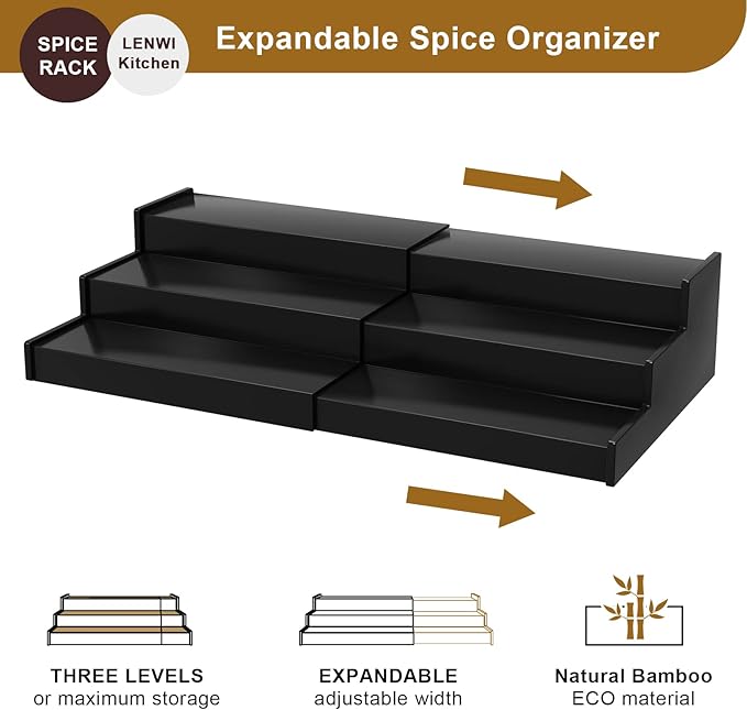 Spice Rack Organizer for Cabinet, 3 Tier Expandable Bamboo Spice Storage for Kitchen Cupboard Pantry, Black