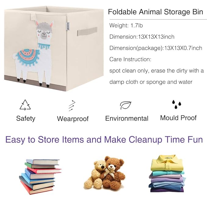 CLCROBD Foldable Animal Cube Storage Bins Fabric Toy Box/Chest/Organizer for Kids Nursery, 13 inch (Llama)