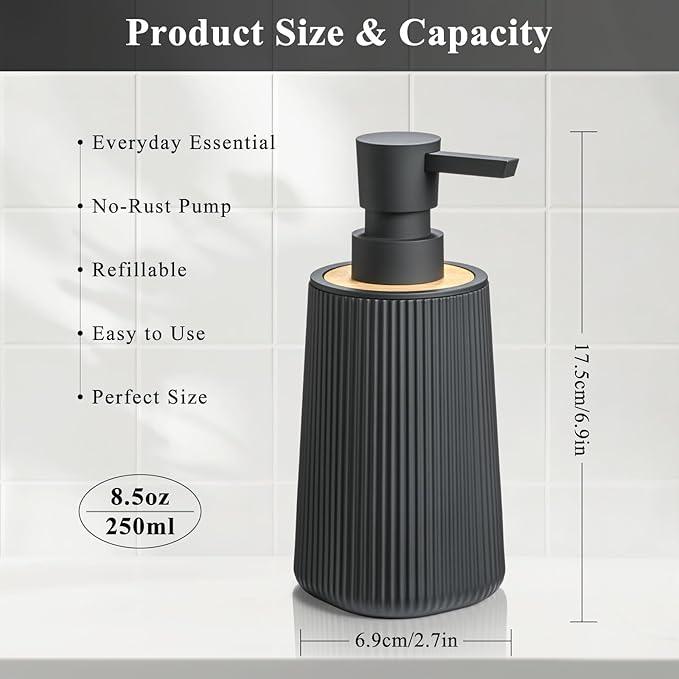 Black Hand Soap Dispenser with Bamboo Decor and No Rust Pump for Bathroom and Kitchen Countertops Refillable Striped Matte Plastic 8.5 oz