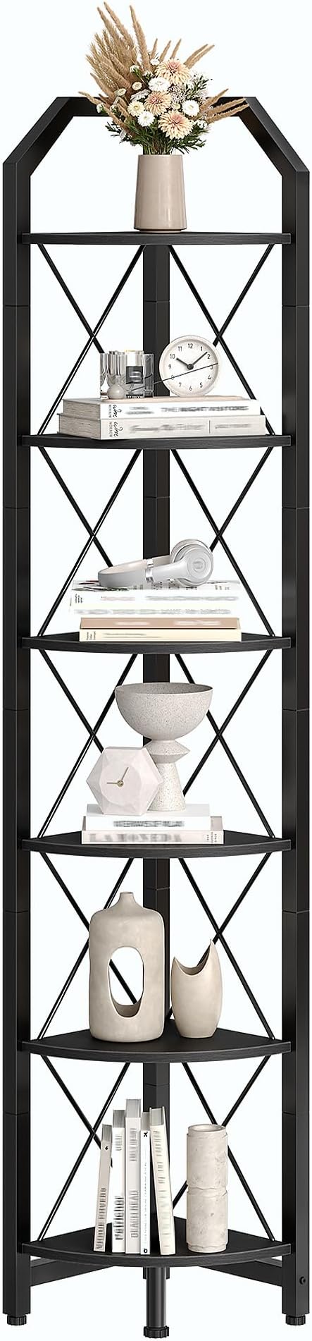 6-Tier Corner Shelf, Industrial Corner Bookshelf, 71.2" Display Storage Stand, Plant Stand Display Shelf, Tall Bookcase for Bedroom, Living Room, Home Office, Black TCJ11BB
