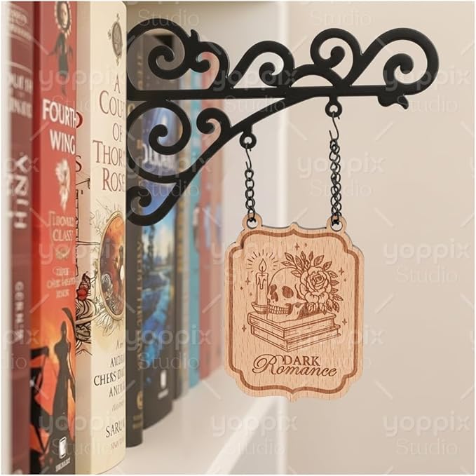 YOPPIX Book Nook Tavern Signs - Medieval Shelf Decor with Hanging Brackets, Dark Romance Book Genre Dividers for Home Library, Bookshelf Organization and Reading Corner Decorations