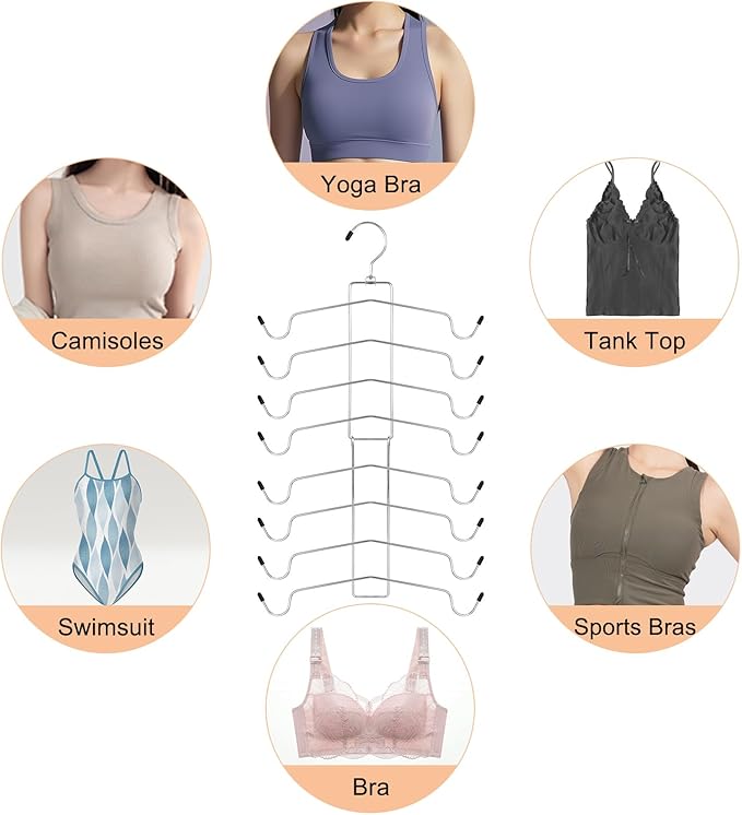 TOPIA HANGER 2 Pack Tank Top Hanger, 8 Layers Bra Hanger Space Saving, Sport Yoga Bras Holder, Closet Organizers and Storage for Camisoles Tank Tops Sports Yoga Bras Swimsuits, Silver CT79B
