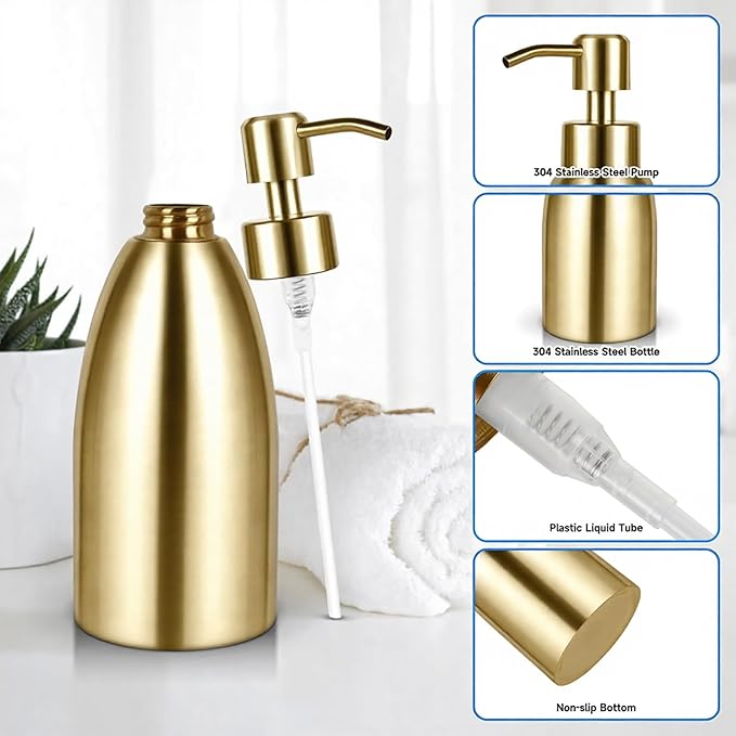 304 Stainless Steel Soap Dispenser 16oz Rust-Proof Liquid Soap Pump Bottle for Kitchen or Bathroom Countertop Hand Dish Lotion Leak-Proof (Matte Gold)