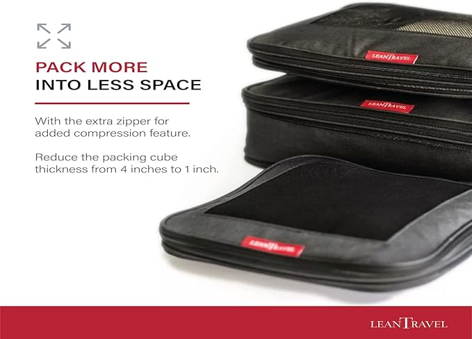 LeanTravel Compression Packing Cubes for Travel Organizers with Double Zipper 4 pack - Black Color