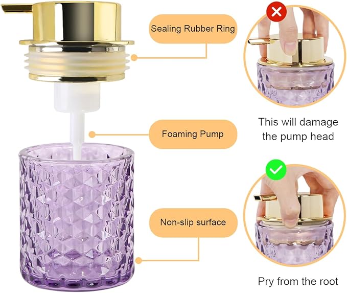 Bathroom Accessories 2 Piece Set Glass Soap Dispenser and Toothbrush Holder, 10oz Foaming Soap Dispenser, Purple Toothbrush and Toothpaste Holder Organizer Cup for Modern Bathroom Decor