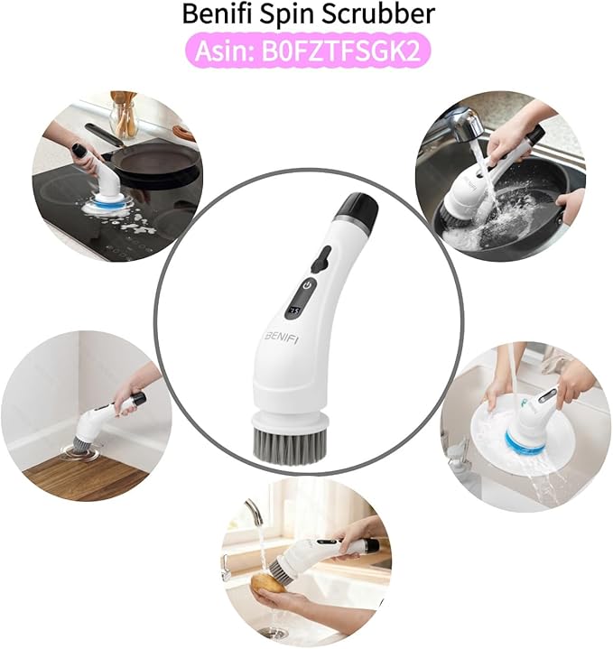 Benifi Electric Spin Scrubber Brush Set, Full-Body IPX7 Waterproof Cordless Electric Spin Brush with Power LCD Display, Cordless Electric Bathroom Cleaning Brush with 8 Brush Heads