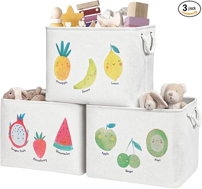 DECOMOMO Toy Storage Baskets for Shelves - 40L Kids Storage Bin for Nursery Décor, Baby, Laundry, Toys (Fruit Print, XXL - 3 Pack)