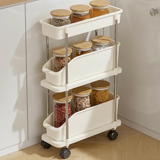 Slim Storage Cart 3 Tier Slim Rolling Utility Cart with Pull-Out Baskets & Wheels for Narrow Space in Kitchen Dining Room Bathroom Laundry Room Cream White (Width 6.3 Inches)