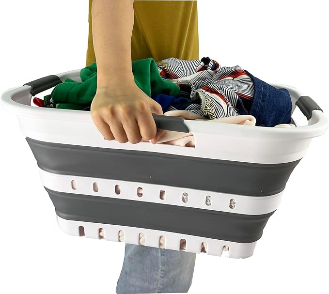 SAMMART Collapsible Plastic Rectangular Laundry Basket - Foldable Pop Up Storage Container/Organizer - Portable Laundry Hamper - Space Saving (White/Steel Grey, 30L)