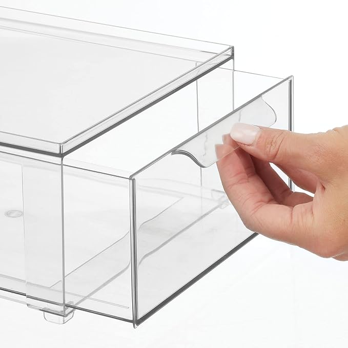 mDesign Plastic Stackable Closet Storage Organizer Bin Containers with Front Pull Drawer for Cabinet, Desk, Shelf, Cupboard, or Dresser Organization - Lumiere Collection - Set of 3 - Clear