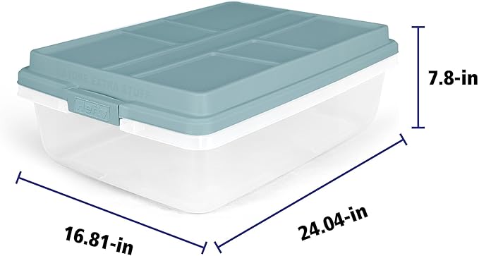 Hefty HI-RISE 40 Qt Stackable Storage Bins with Lids – 6 Pack Clear Plastic Under Bed Storage Containers, Shoe Organizer Boxes with XL Lid-Locking Latches, Comfort-Grip Handles, Durable Double Rim