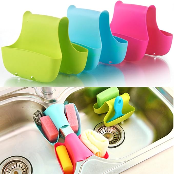 3 Pack Saddle Silicone Sink Caddy, Sponge Soap Brush Holder Basket Organizer Storage for Kitchen (Blue, Green, Pink)