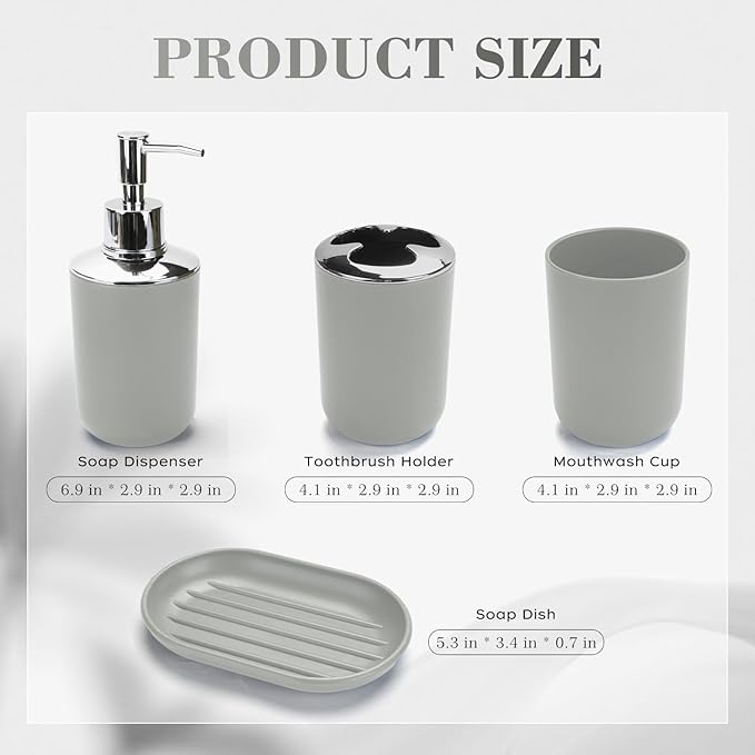 4 Pcs Grey Bathroom Accessories Set,Bohemian Bathroom Toothbrush Holder Set.Include Soap Dispenser, Soap Dish, Toothbrush Holder, Mouthwash Cup, Modern Bahtroom Decor Set