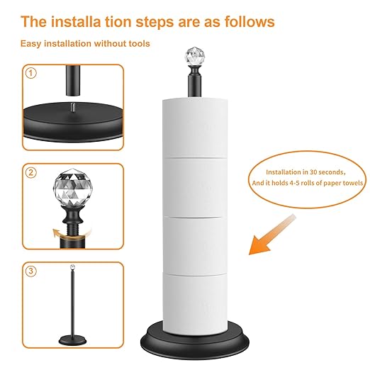 Metal Toilet Paper Holder Stand with Crystal Head - 4 Rolls Free Standing Bathroom Storage, Rustproof Space-Saving Design for Small Bathrooms (Black)