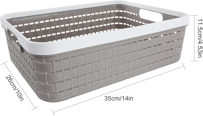 CertBuy 3 Pack Plastic Storage Baskets 14 x 10 x 4.5 Inch Large Weave Storage Bins with Handle for Cabinet Shelf Kitchen Bedroom Bathroom and Office Grey