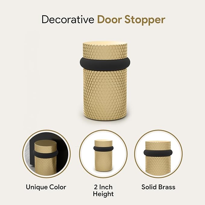 Mega Handles Knurled Floor Door Stopper, Quickly Installed Wall Protector, Wall Protectors from Door Knobs, Floor Door Stop with Mounting Hardware Included - Satin Brass - 2 Inches