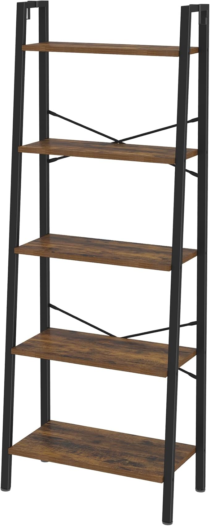 Ladder Shelf, Bookshelf Bookcase, Freestanding Corner Storage Shelve with 2 Hooks for Home Office, Living Room, Kitchen, Bedroom, Industrial, 11.8" D x 23.6" W x 63" H, Rustic Brown BC19301B
