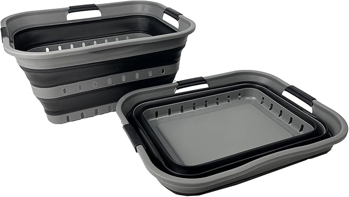 SAMMART 42 (11 Gallons) Collapsible Plastic Laundry Basket, Foldable Pop Up Storage Container/Organizer, Space Saving Hamper, Portable Bin for Dorm Room Bathroom (2, Grey/Black)