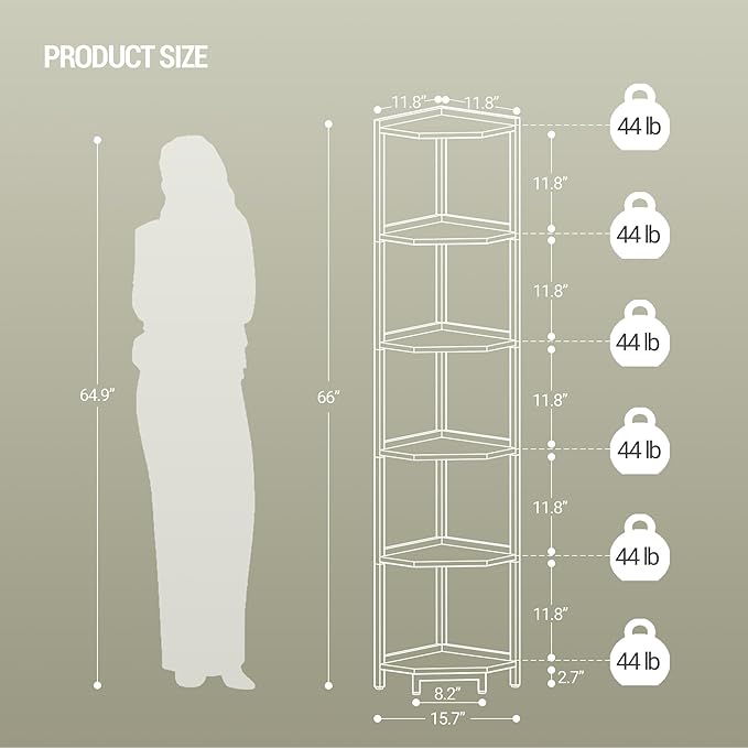 Corner Shelf Stand, Corner Bookshelf, Storage Standing Shelf Unit with Metal Frame, Plant Stand, Bookcase for Living Room, Home Office, Bedroom, 6-Tier White CS06013W