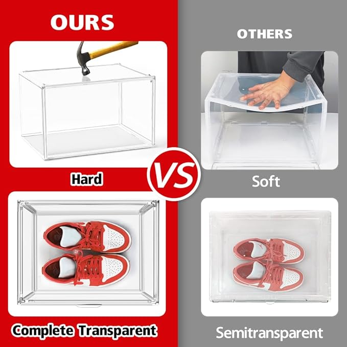 4 Pack Clear Shoe Storage Boxes Stackable Shoes Organizer Acylic Boots Sneaker Display Case with Magnetic Lid,Size14