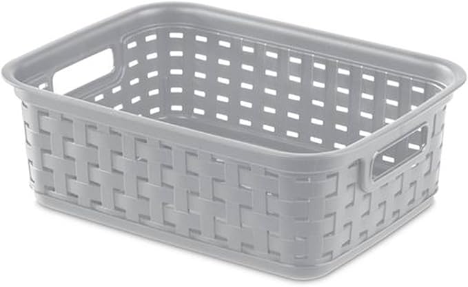 Sterilite 11 Inch Small Weave Open Bin Wicker Storage Basket Home Organizer Tote for Countertops, Bookshelves, and Closets, Cement, 8-Pack