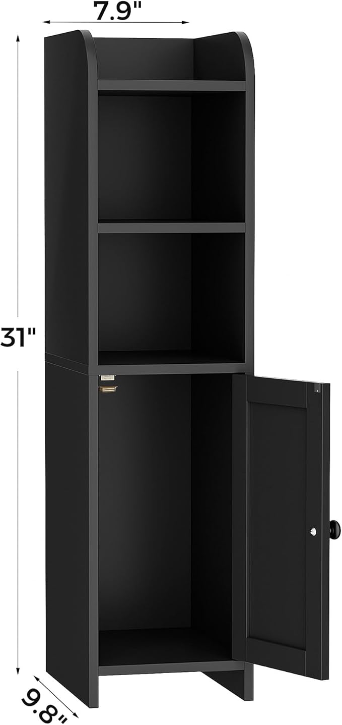 Homhedy Small Bathroom Storage Corner Floor Cabinet with Door and Shelves, Beside The Toilet Paper Stand for Skinny, Narrow Toilet Paper Cabinet, 9.8" D x 7.9" W x 31" H, Black