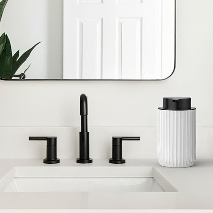 Ceramic Foaming Hand Soap Dispenser，12 oz Bathroom Soap Dispensers， Lotion Dispenser for Kitchen, Refillable Matte Streaks Soap Dispenser with Large Pump (White)