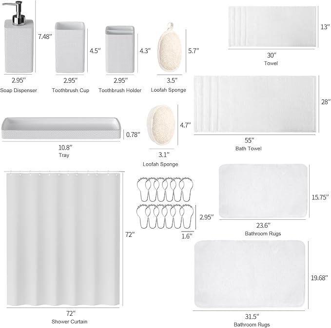 White Bathroom Set, White Bathroom Accessories Set with Shower Curtain and Rugs, Bath Towel Set, Natural Loofah Sponge, Soap Dispenser, Toothbrush Holder, Bathroom Tumbler and Tray for Bathroom