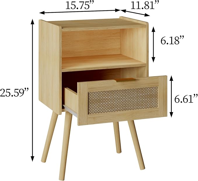 Veegle Rattan Nightstand,Modern Bedside Table with Storage Drawer and Open Wood Shelf, for Living Room, Bedroom and Small Spaces, Accent Night Stand with Solid Wood Legs, Easy Assembly,(Oak)