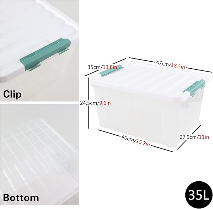 Jandson 4 Pack 35 Quart Storage Box with Lid, Plastic Latching Container Bin, Clear