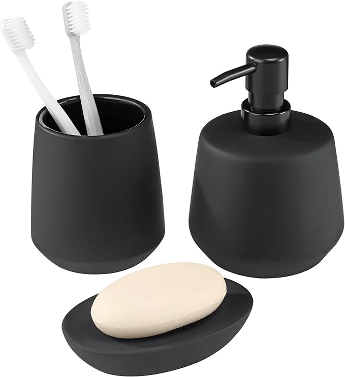 Navaris Ceramic Bathroom Sink Accessories Set - Complete 3pc Matte Black Accessory Set - Soap Dispenser, Toothbrush Holder and Tray - Sets for Bathrooms, Vanity, and Kitchen Sinks