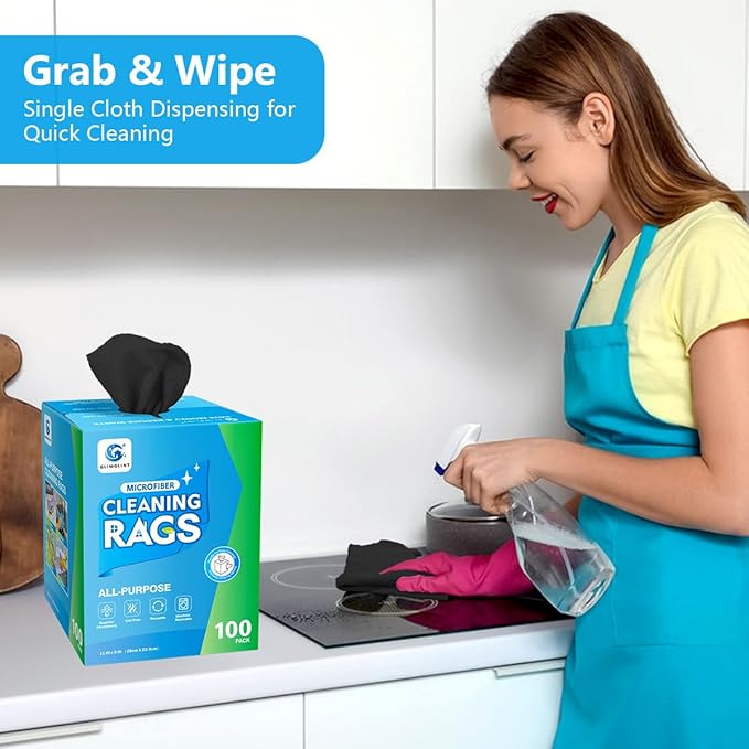 GLIMGLINT Black Microfiber Cleaning Cloth, 100 Pack Cleaning Rags, Lint-Free, Ultra Absorbent Reusable Paper Towels for Home, Kitchen, Car, Garage or Shop, Dish Rags, 11" x 9"