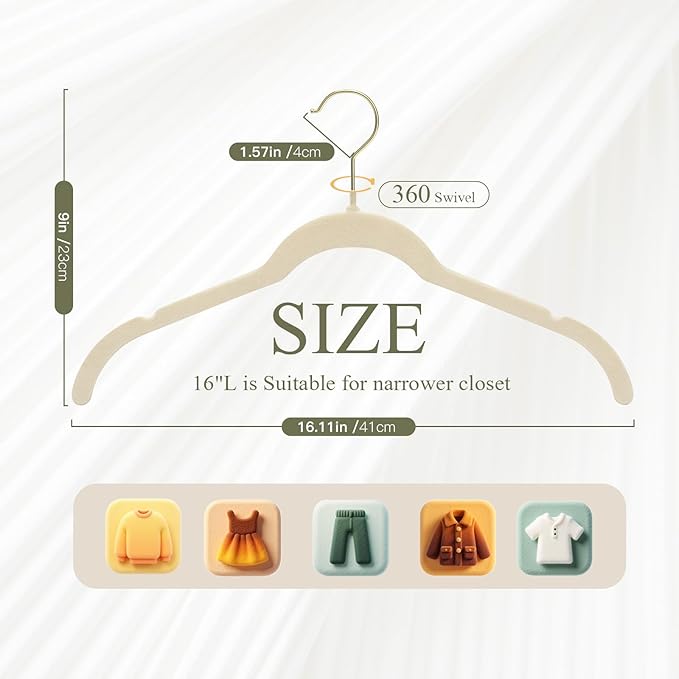 Korpai 30 Pack Beige Velvet Hangers, Non Slip,Durable,Slim Hangers Space Saving,Felt Hangers with Gold 360°Swivel Hook for Coats,Strappy Dresses,Shirts,Sweater ect