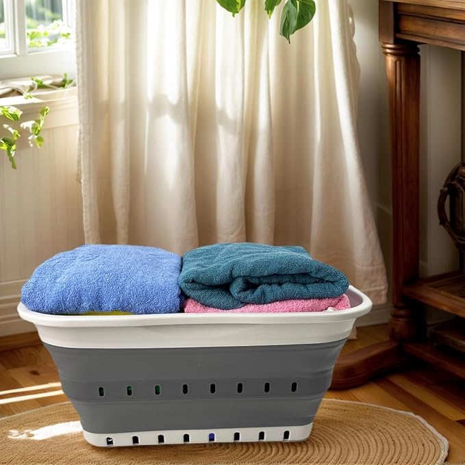 SAMMART 42L (11 Gallon) Set of 2 Collapsible Plastic Storage Basket - Foldable Pop Up Storage Container - Portable Laundry Organizer - Space Saving Hamper (Grey/Steel Grey, 42L (Style B))