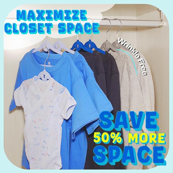 Pack of 30 Kids Velvet Hangers, Non-Slip Space-Saving with Cascading Mini Hooks, Multi-Color (Navy Blue, Light Blue and Grey) Baby and Toddler Clothes Organization