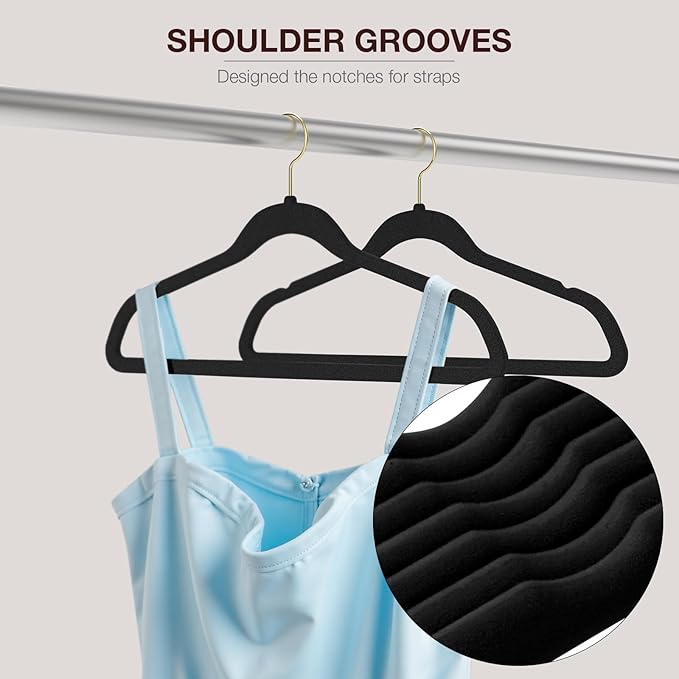 Korpai 50 Pack Black Velvet Hangers,Coat Hanger Non Slip,Heavy-Duty,Space Saving,Slim Clothes Hangers for Pants,Outfit,Skirts,Suits,Coats,Dresses ect.Felt Hangers with Gold 360°Swivel Hook