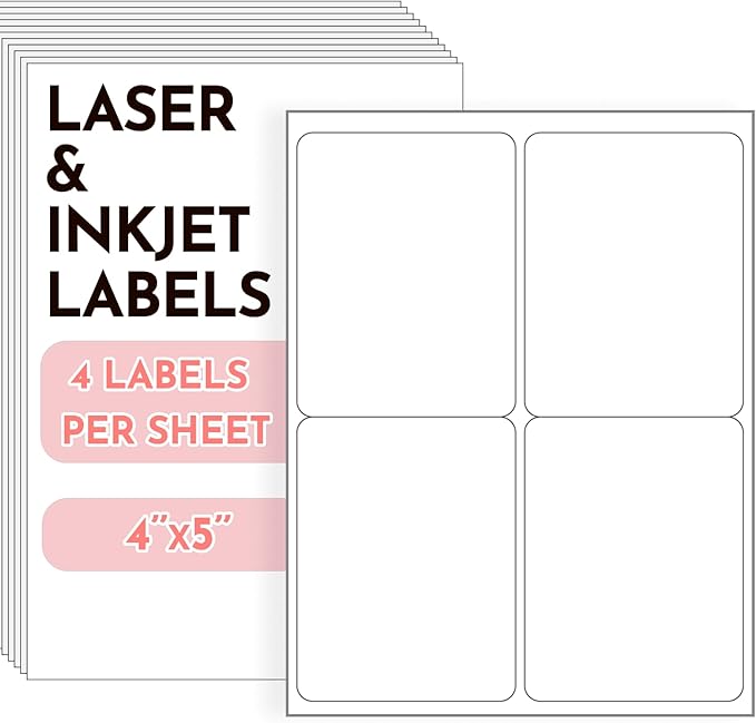 4"x5" Shipping Address Labels, Matte White Printable Labels, 160 Total (40 Sheets, 4-Up), Compatible with Laser & Inkjet Printers for Packaging & Mailing