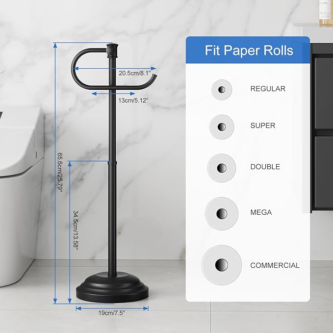RUMOSE Toilet Paper Holder Stand for Floor, Matte Black Bathroom Free Standing Toilet Tissue Roll Holder with Storage, Adjustable 17-25 Inch, SUS304 Stainless Steel