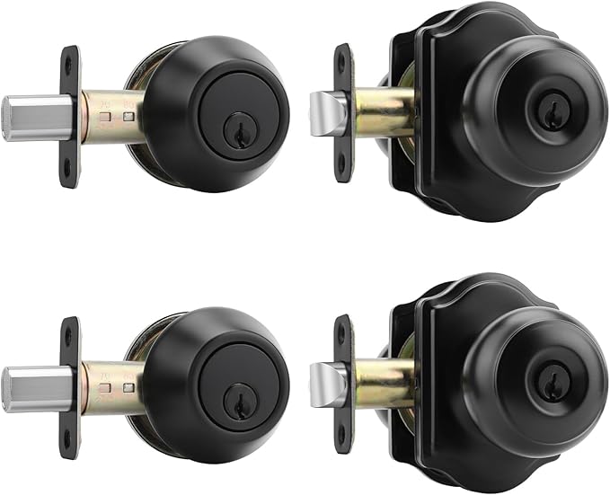 Haidms Black Exterior Deadbolt and Keyed Entry Door Knob Set, 2 Pack with Lock and Key