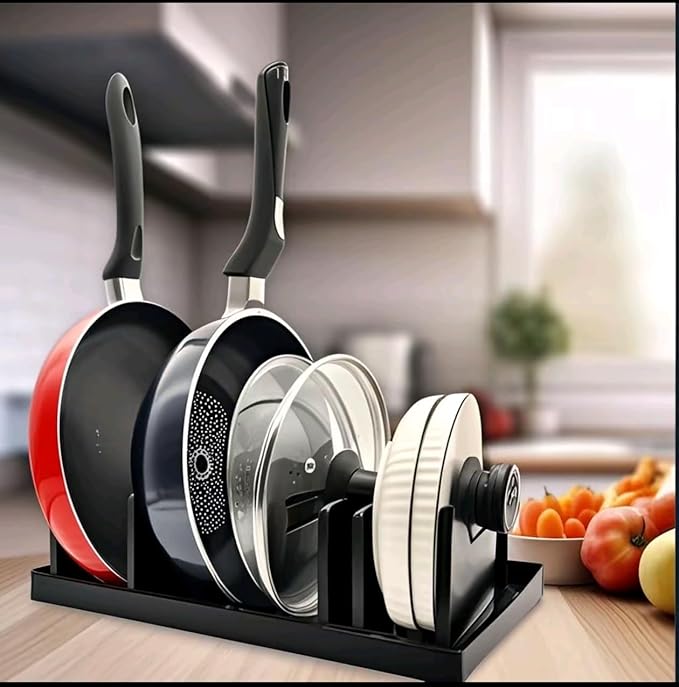 Bamboo Pot Lid Organizer for Cabinet & Kitchen Counter, Pan Lid Organizer Inside Cabinet, Pot Lid Holder, Sheet Pan Rack, Adjustable Pot Cover Holder Rack for Countertop, Under Cabinet Black