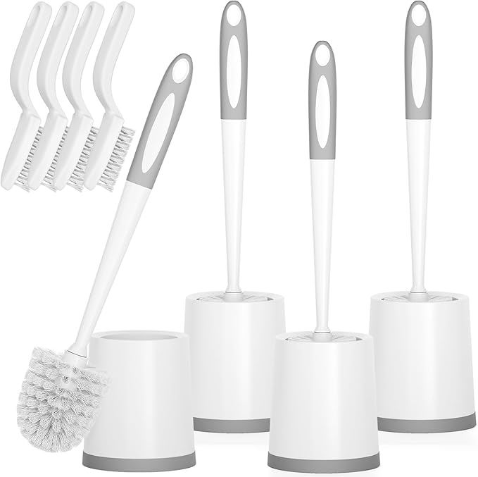 Toilet Brush, 4 Pack Toilet Brush and Holder Set, Toilet Bowl Brush with 4 Grout Brush, Toilet Bowl Brush and Holder for Bathroom, (White)