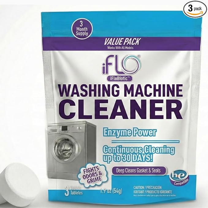 iFLO Washing Machine Cleaner Tablets – Powerful Washer Machine Cleaning and Deodorizer Tablets for Front Load, Top Load, and High-Efficiency Washer Cleaner, 3 Pack