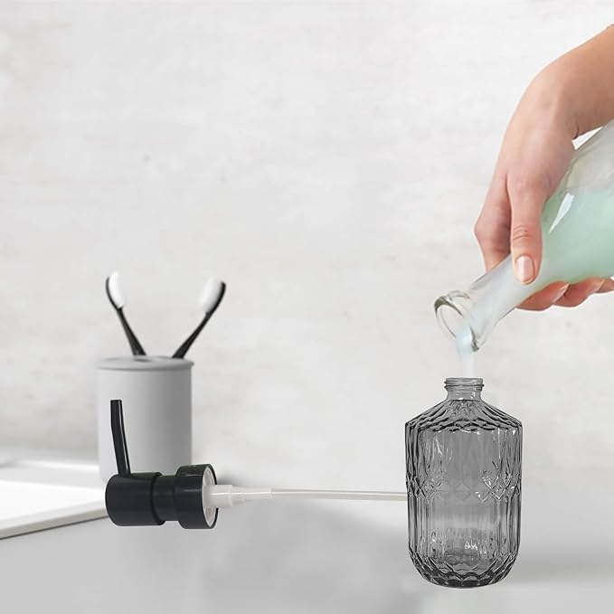Grey Glass Soap Dispenser with Black Pump, 15oz Liquid Hand Dispenser, Refillable Lotion Dish Soap Dispenser for Modern Home Decor, Bathroom, Kitchen Countertop, Hotel